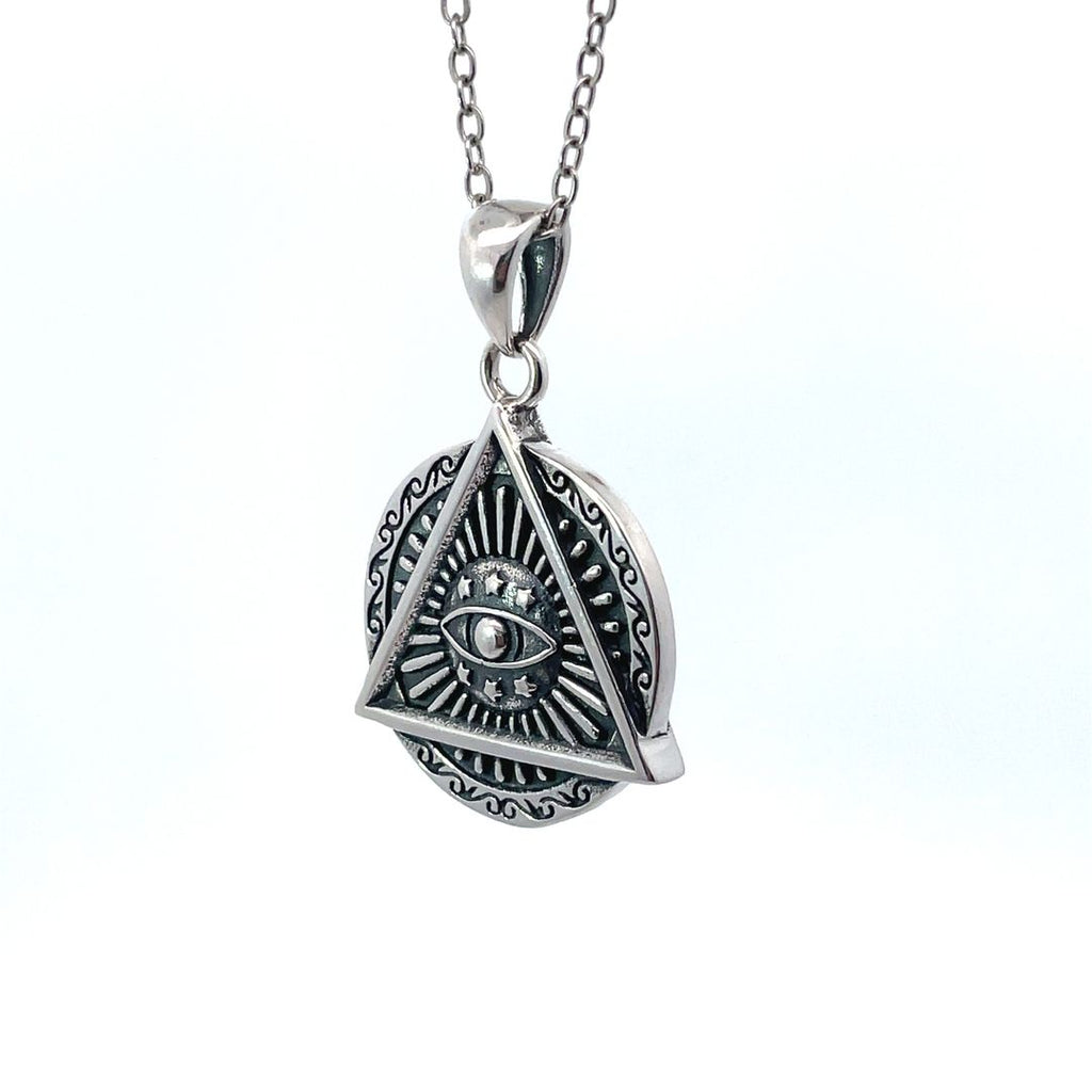 Evil Eye Retro Punk Style Round Triangle Pendant Men and Women Sterling Silver Brass Pendant Necklace