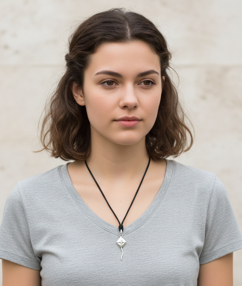 Kite Flyer Brass Charm Sterling Silver Necklace Pendant Jewelry With Cotton Cord