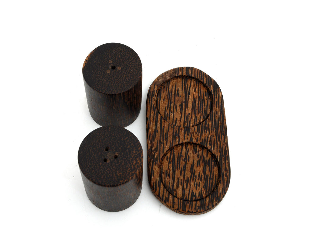 Handmade Natural Set of Palm Wood Salt & Pepper Shakers Box Containers White Mother of Pearl Inlay