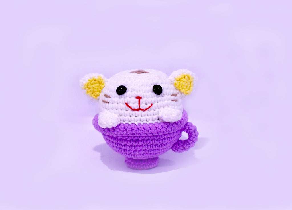 Cat Relaxing In A Tea Cup Handmade Amigurumi Stuffed Toy Knit Crochet Doll VAC