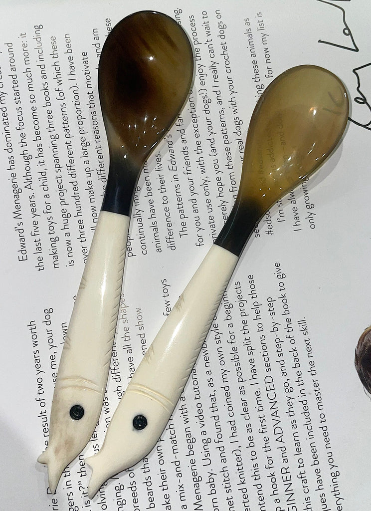 Unique Handcrafted Buffalo Horn Spoon With Carved Fish Handle
