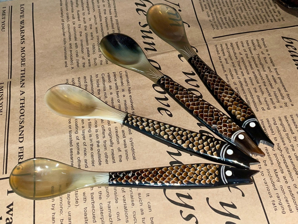 Unique Handcrafted Buffalo Horn Spoon With Carved Fish Handle
