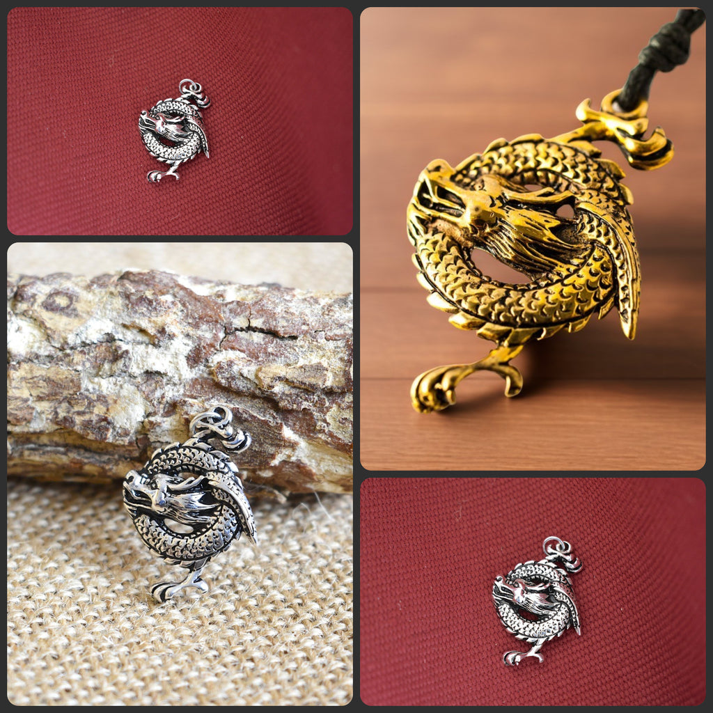 New Year Of The Dragon Gold Brass Sterling Silver Charm Necklace Pendant Jewelry