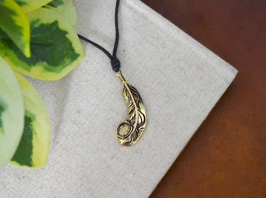 Feather Handmade Gold Brass Necklace Pendant Jewelry