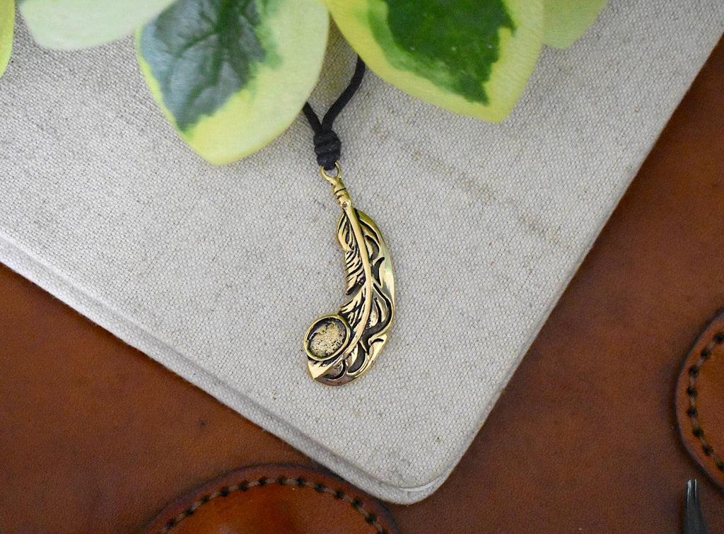 Feather Handmade Gold Brass Necklace Pendant Jewelry