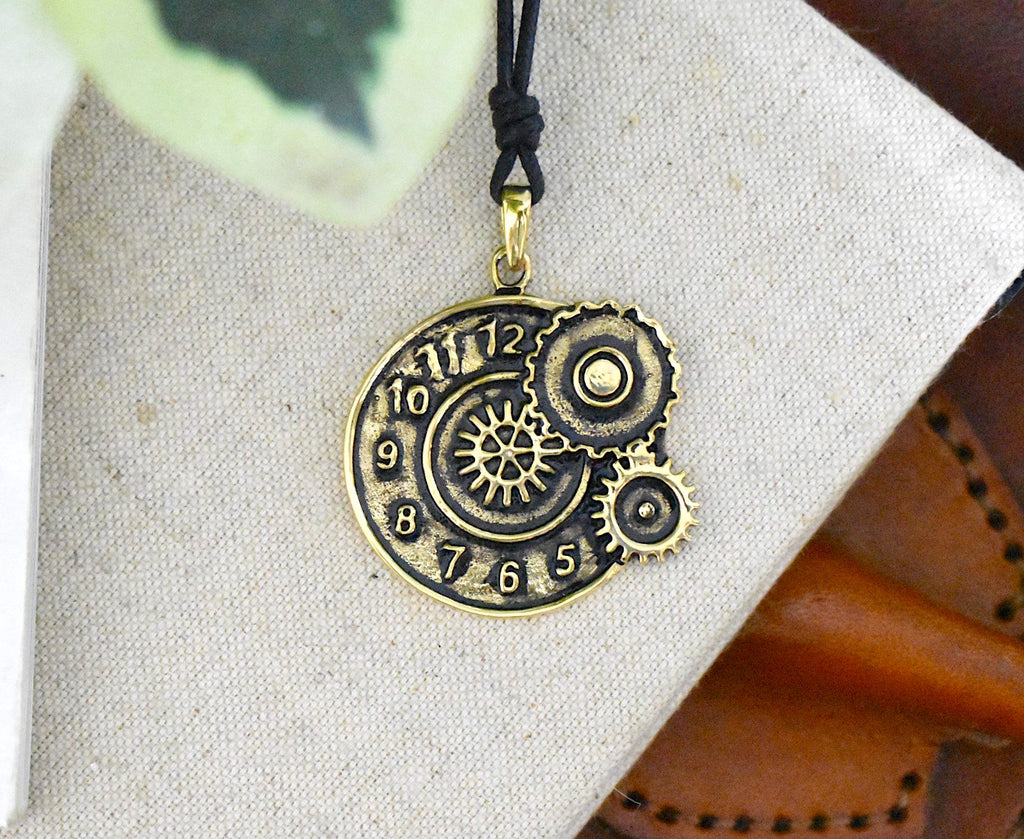 Steam Punk Clock Gear Handmade Gold Brass Necklace Pendant Jewelry