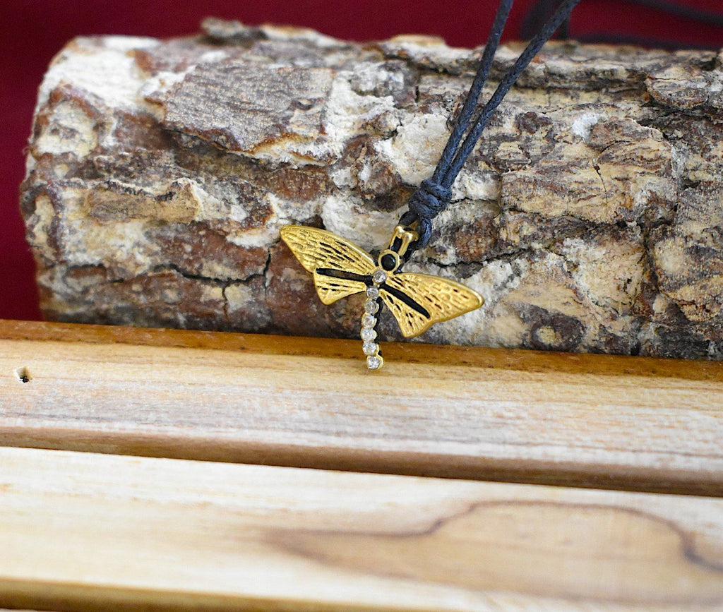 Lovely Dragonfly Gold Brass Charm Necklace Pendant Jewelry