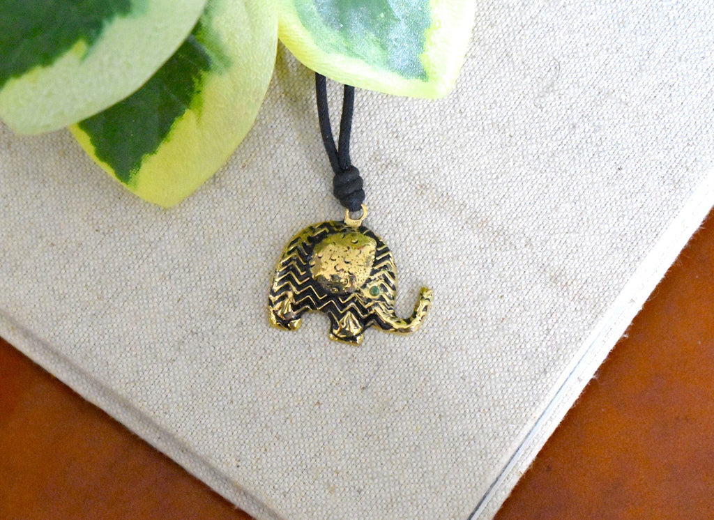 Aztec Elephant Handmade Gold Brass Necklace Pendant Jewelry