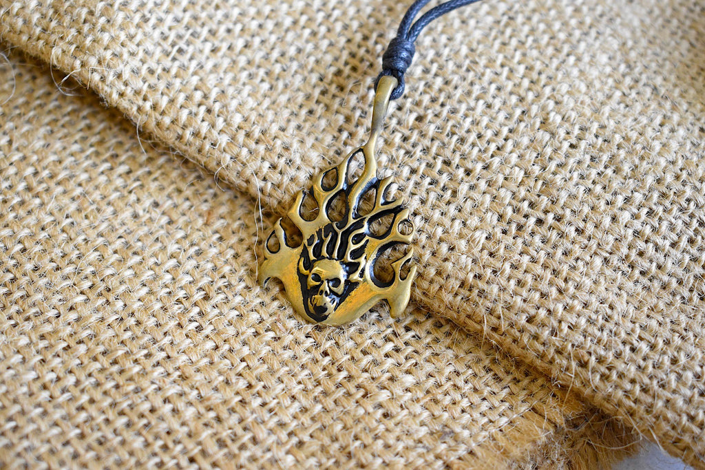 Fire Skull Head Handmade Silver Pewter Brass Necklace Pendant Jewelry
