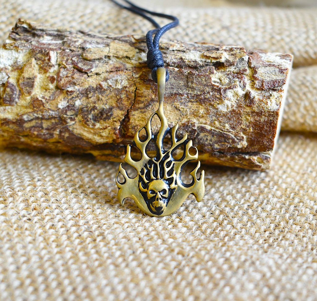 Fire Skull Head Handmade Silver Pewter Brass Necklace Pendant Jewelry
