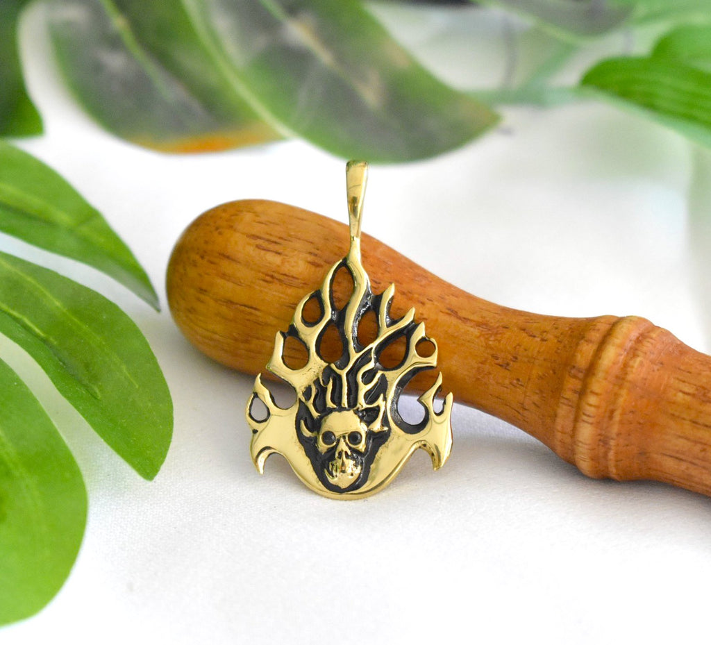 Fire Skull Head Handmade Silver Pewter Brass Necklace Pendant Jewelry