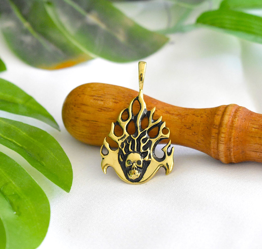 Fire Skull Head Handmade Silver Pewter Brass Necklace Pendant Jewelry