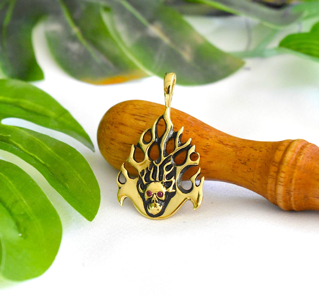Fire Skull Head Handmade Silver Pewter Brass Necklace Pendant Jewelry