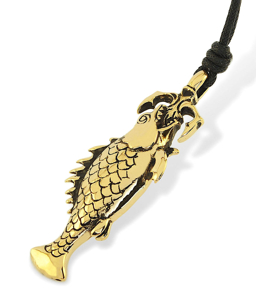 Fish Swallowing Sword Silver Pewter Gold Brass Charm Necklace Pendant Jewelry