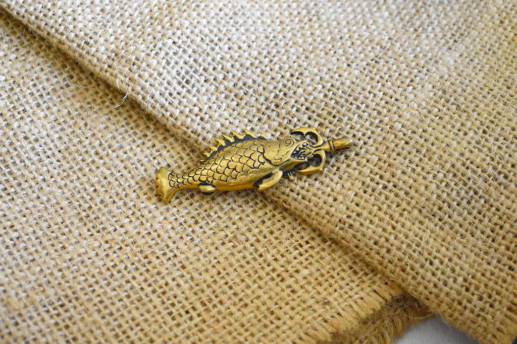 Fish Swallowing Sword Silver Pewter Gold Brass Charm Necklace Pendant Jewelry