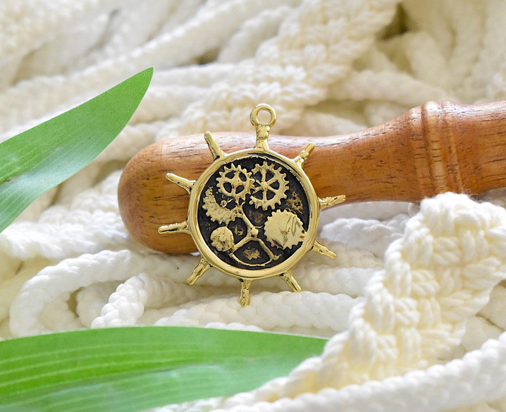 Gears Ship Captians Wheel Silver Pewter Gold Brass Necklace Pendant Jewelry