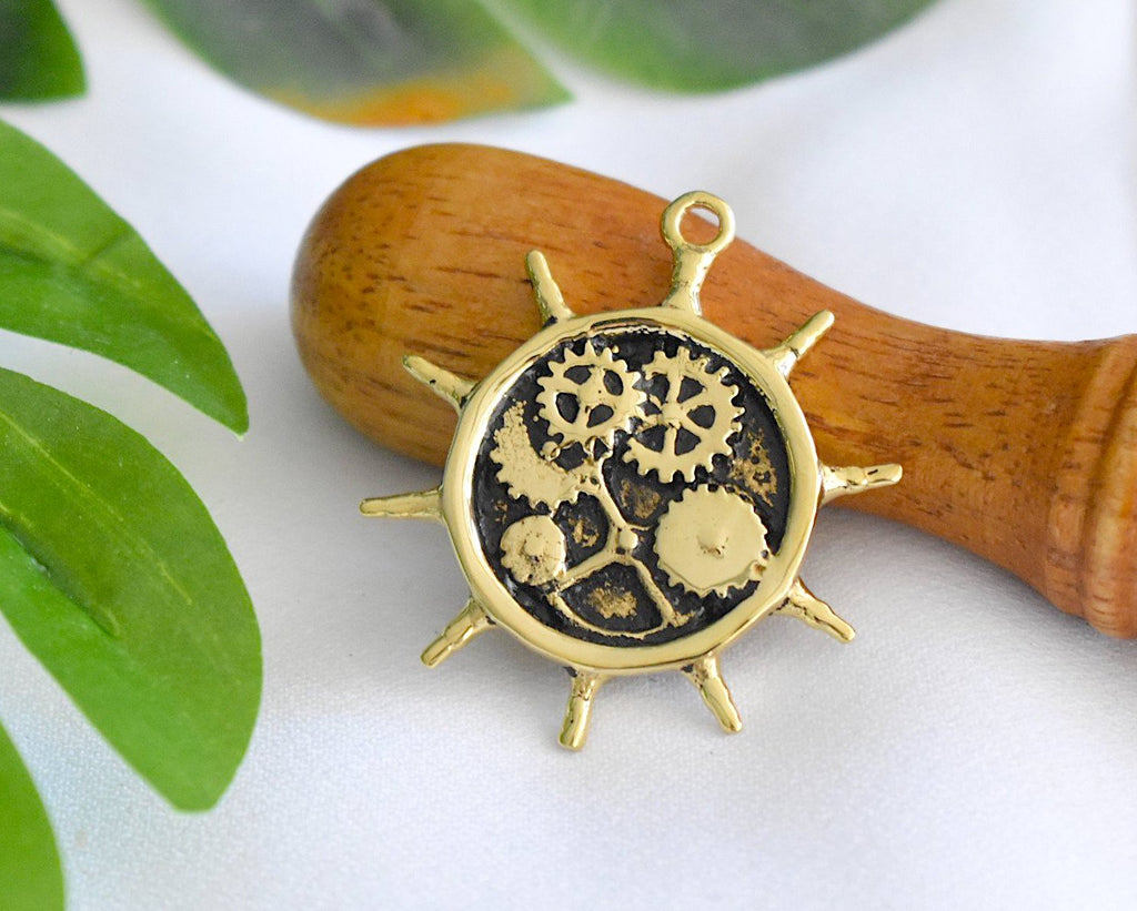 Gears Ship Captians Wheel Silver Pewter Gold Brass Necklace Pendant Jewelry