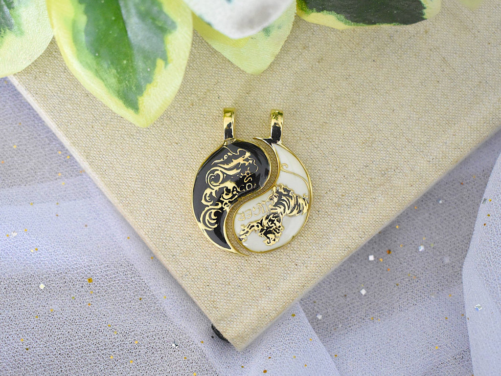 Dragon Tiger Yin Yang Best Friend Handmade Pewter Brass Necklace Pendant Jewelry