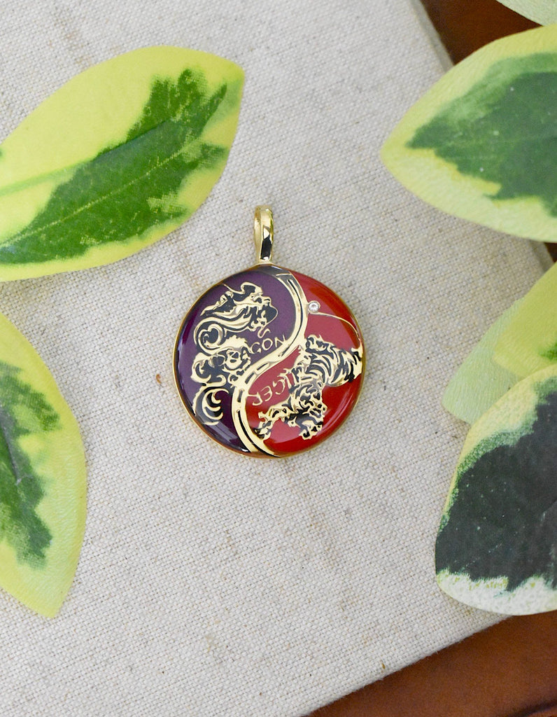Tiger Dragon Colorful Yin Yang Handmade Brass Necklace Pendant Feng Shui Jewelry