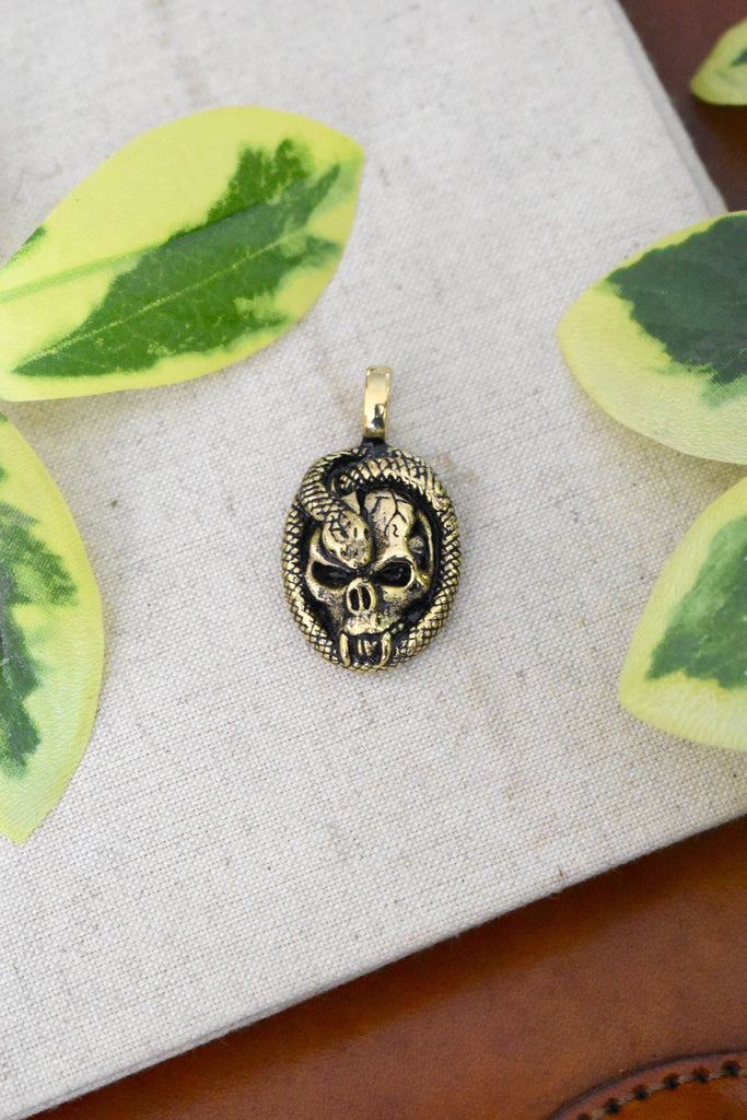 Skull & Snake Silver Pewter Gold Brass Charm Necklace Pendant Jewelry