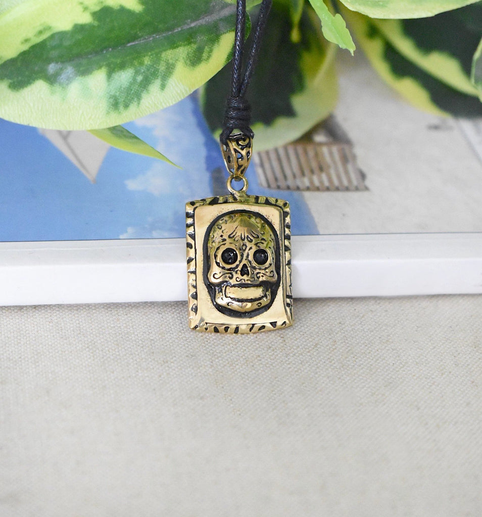 Mexican Skull Jesus Gold Brass Necklace Pendant Jewelry