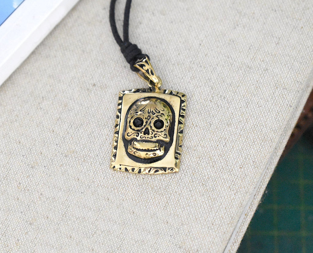 Mexican Skull Jesus Gold Brass Necklace Pendant Jewelry