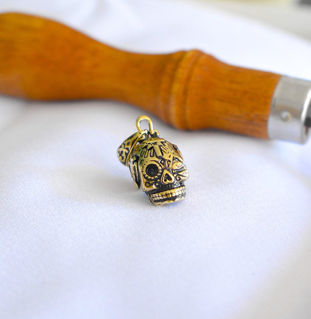 New Mexican Skull Cross Jesus Mary Gold Brass Charm Necklace Pendant Jewelry