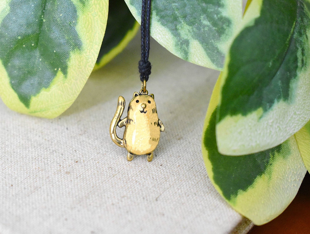 Smiling Chubby Cat Size M & S Silver Pewter Gold Brass Necklace Pendant Jewelry
