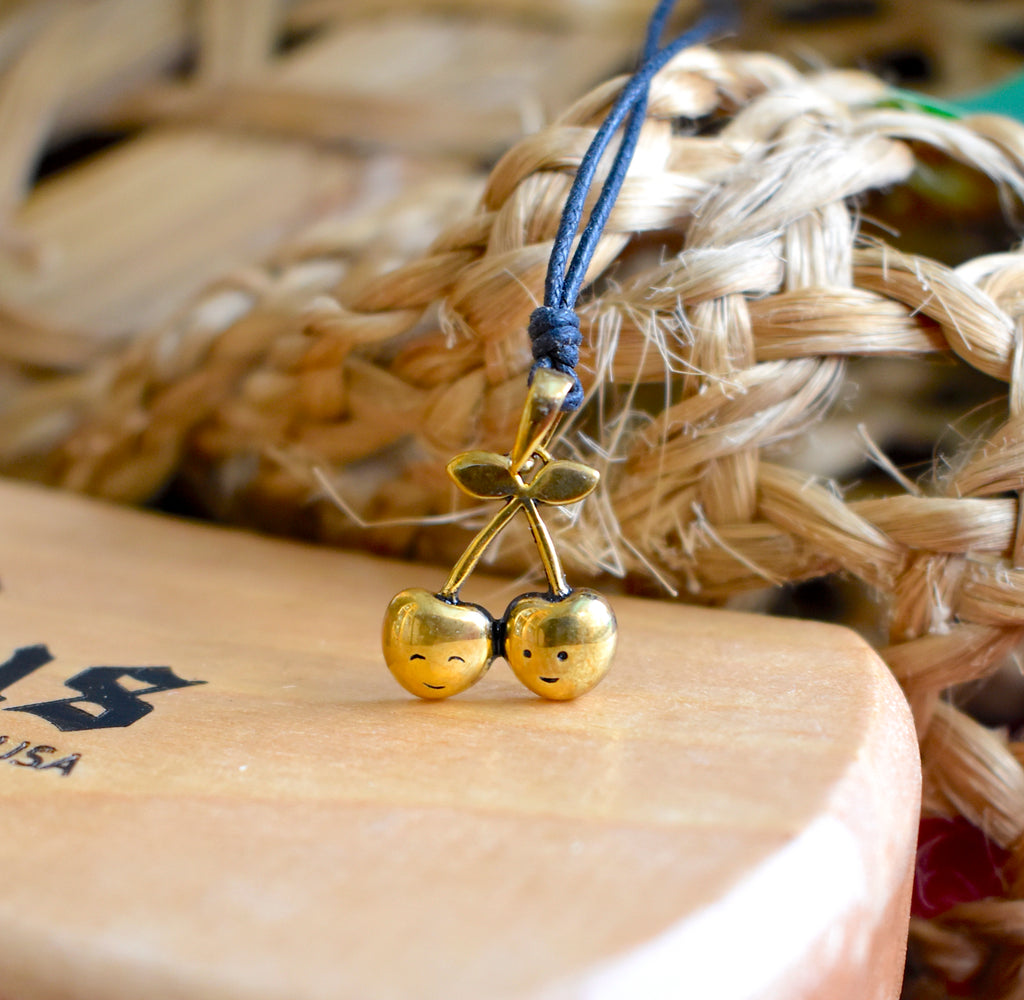 Happy Cherries Silver Pewter Gold Brass Necklace Pendant Jewelry
