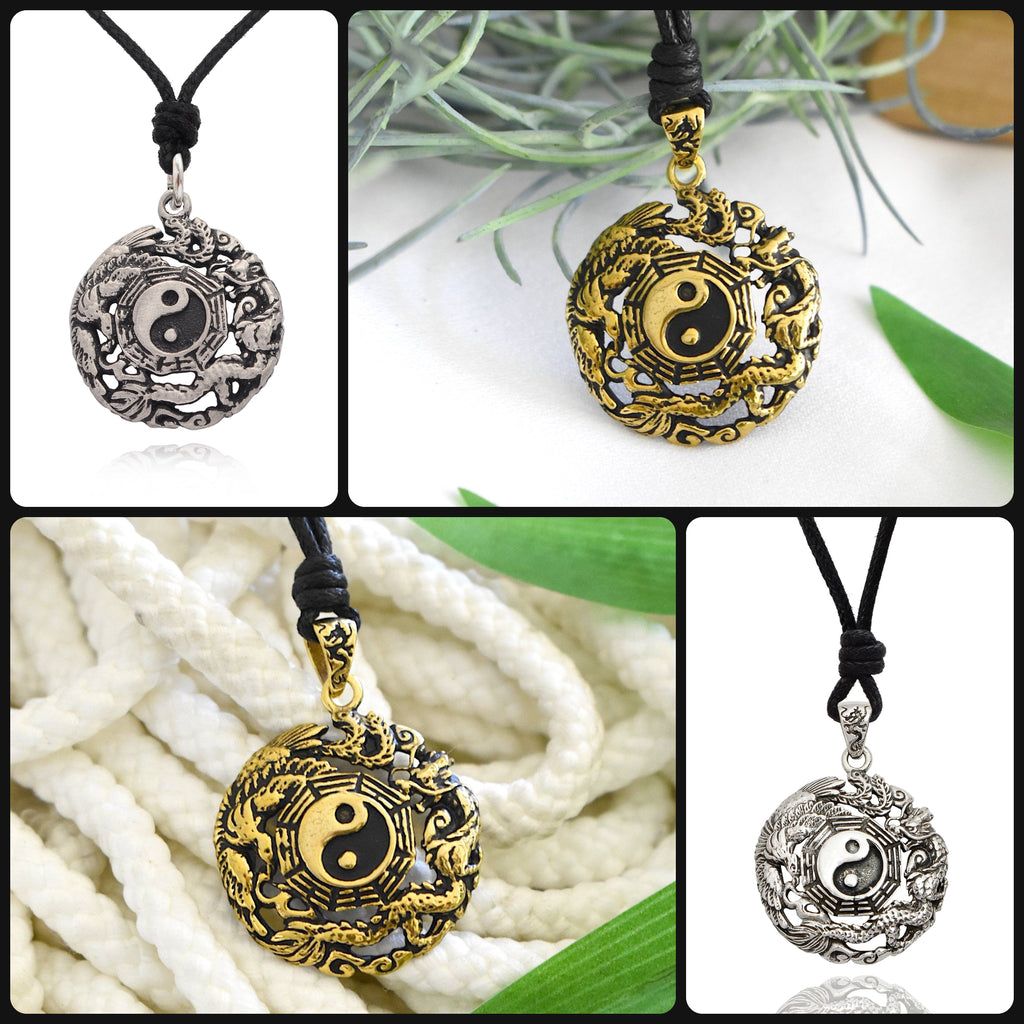 Phoenix Dragon Yin Yang 92.5 Sterling Silver Golden Brass Necklace Pendant