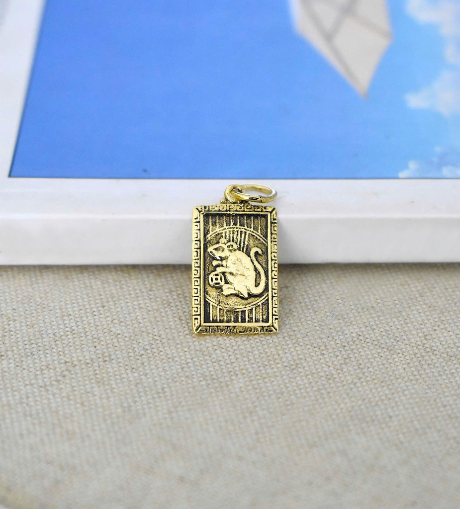 Rectangle Chinese Zodiac Silver Pewter Gold Brass Charm Necklace Pendant Jelwery