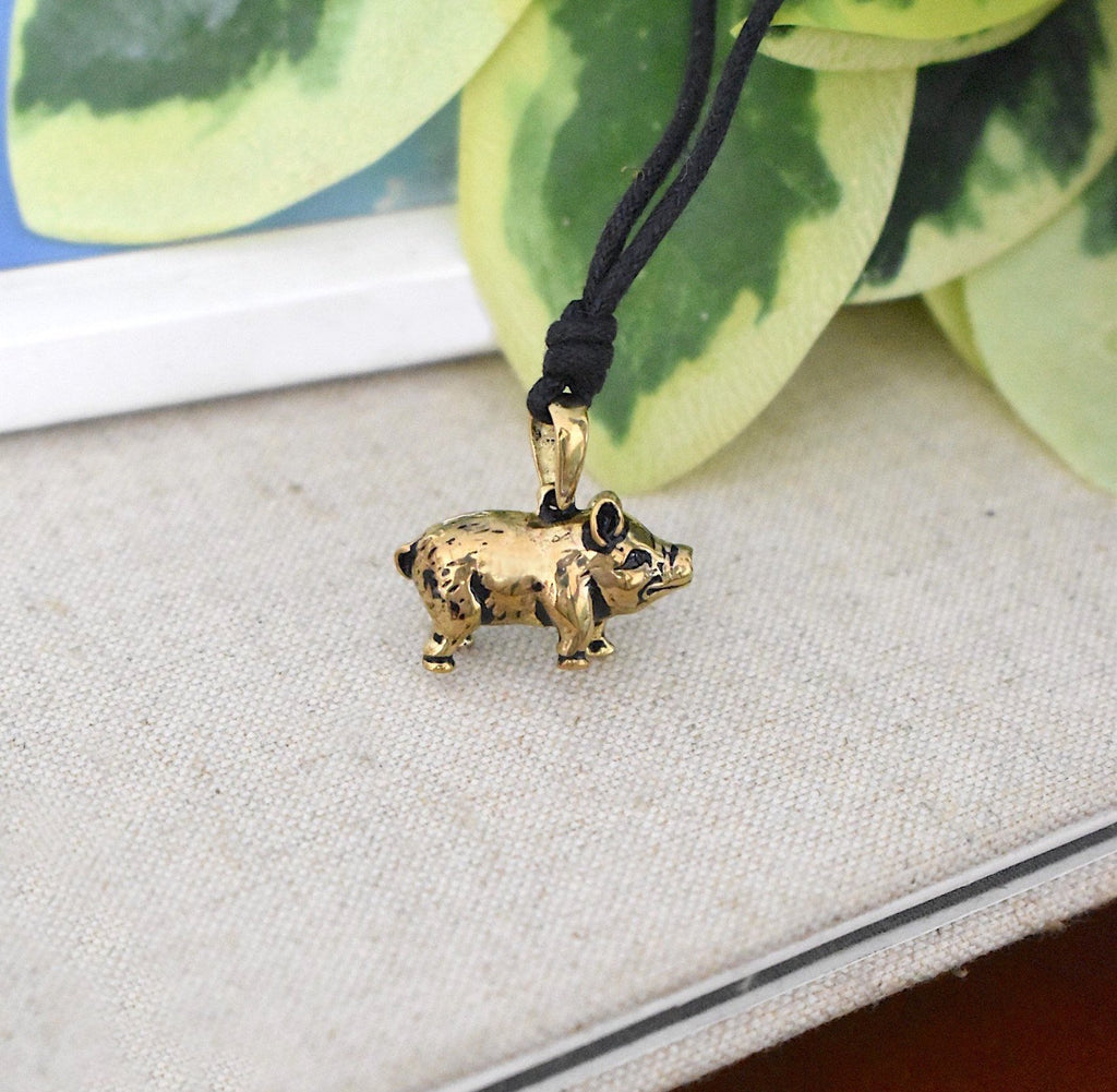 Smiling Pig Gold Brass Charm Necklace Pendant Jewelry