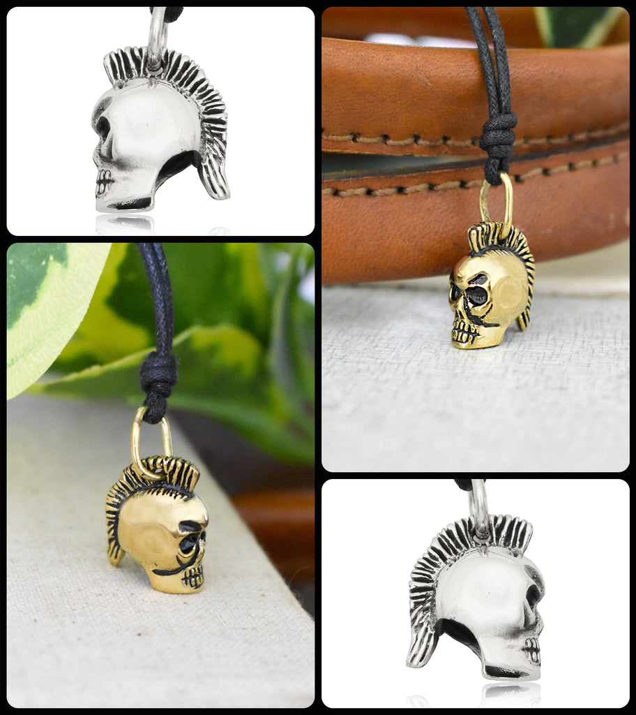 Skull Punk Mohawk 92.5 Sterling Silver Gold Brass Charm Necklace Pendant Jewelry