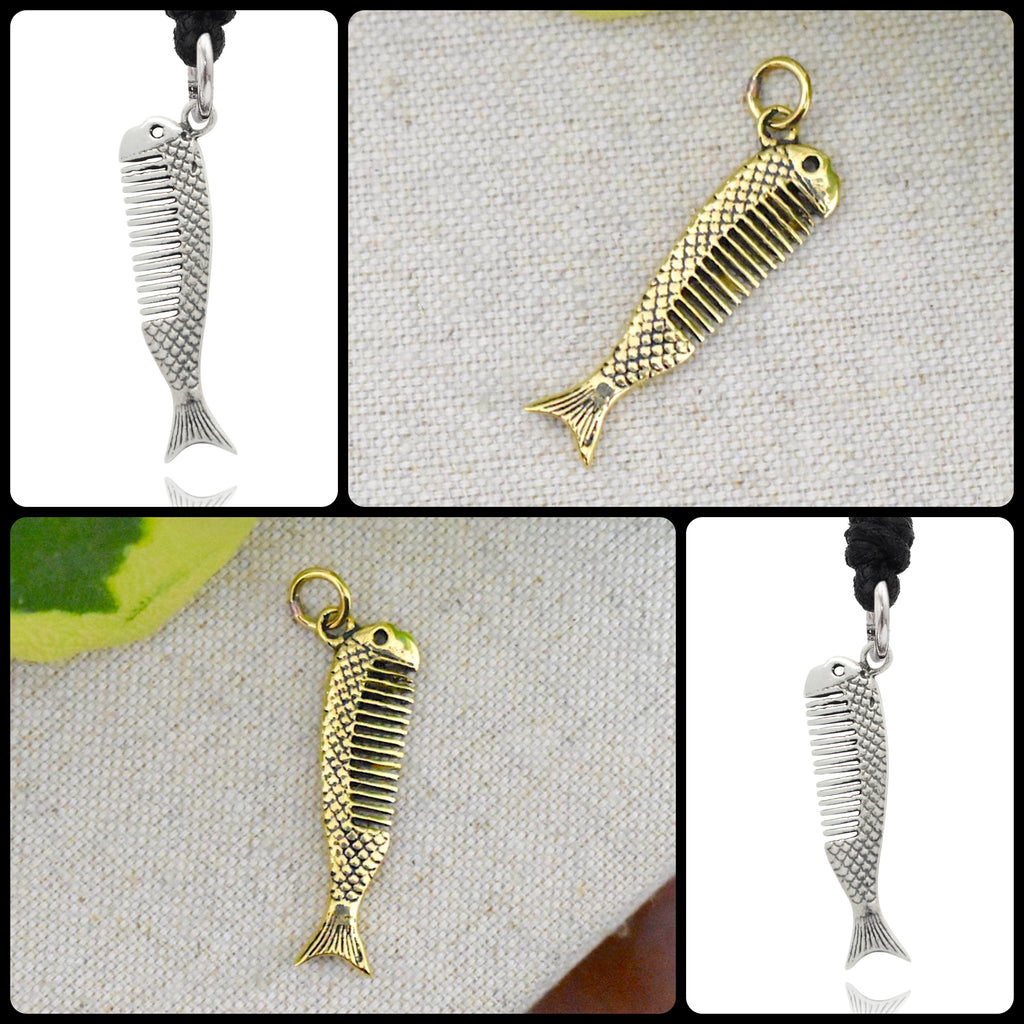 Fish Skeleton Comb 92.5 Sterling Silver Brass Charm Necklace Pendant Jewelry