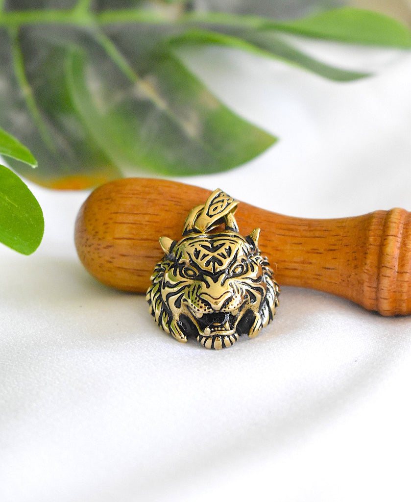 Tiger Head Wild Animal 925 Sterling Silver Gold Brass Necklace Pendant Jewelry