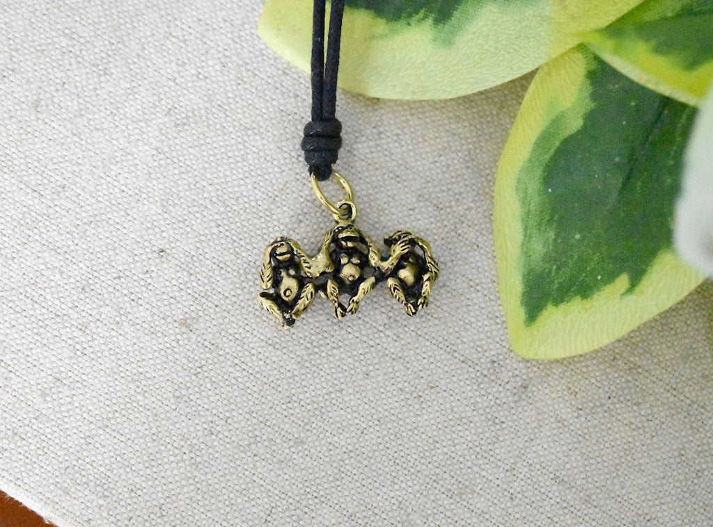 Three Wise Monkey 92.5 Sterling Silver Brass Charm Necklace Pendant Jewelry