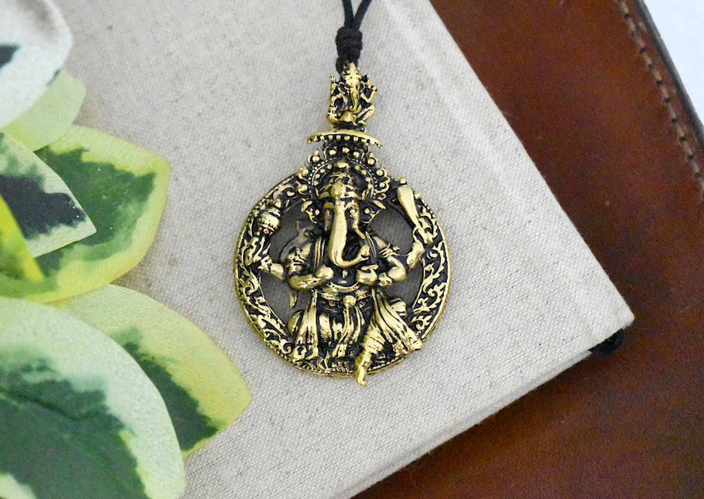 Ganesha Hindu Gold Brass Charm Necklace Pendant Jewelry
