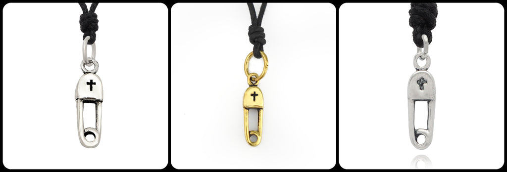 Lovely Safety Pin 92.5 Sterling Silver Pewter Brass Necklace Pendant Jewelry