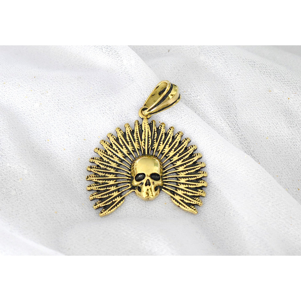 Indian Gothic Skull With Feather Headdress Gold Brass Necklace Pendant Jewelry