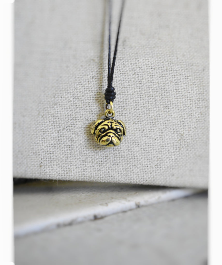 Mini Pug Puppy Head Gold Brass Charm Necklace Pendant Jewelry