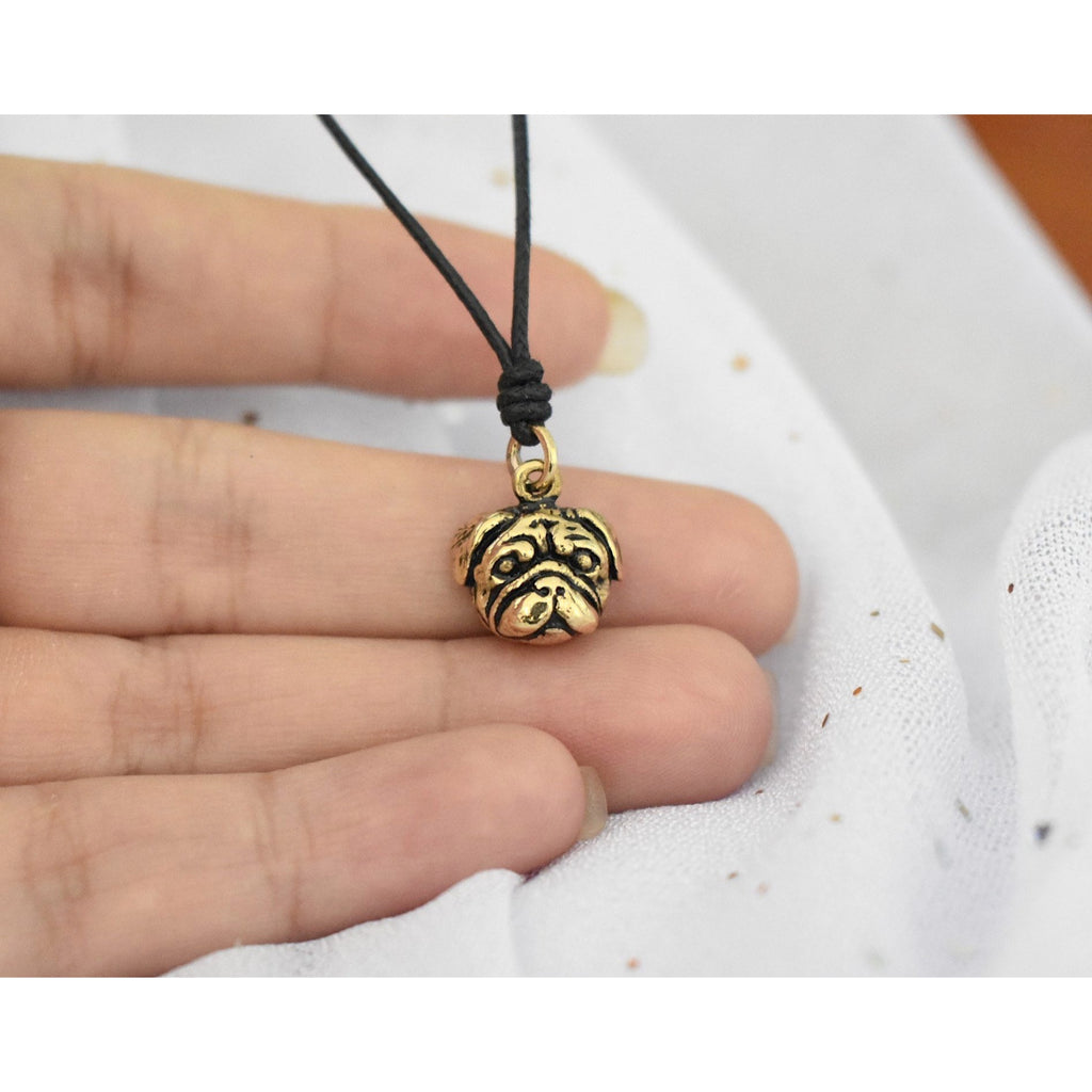 Mini Pug Puppy Head Gold Brass Charm Necklace Pendant Jewelry