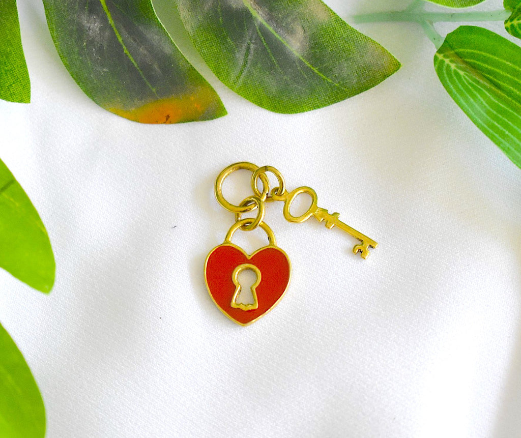 Key & Lock Gold Brass Charm Necklace Pendant Jewelry