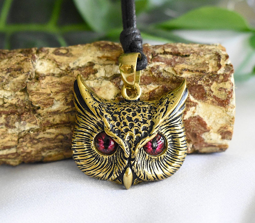 Vintage Gothic Owl Blue Eyes Large Size Sterling Silver Gold Brass Pendant Necklace