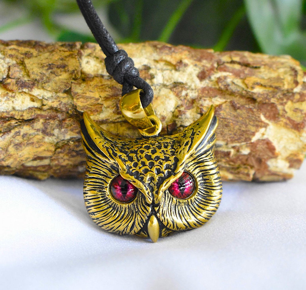 Vintage Gothic Owl Blue Eyes Large Size Sterling Silver Gold Brass Pendant Necklace