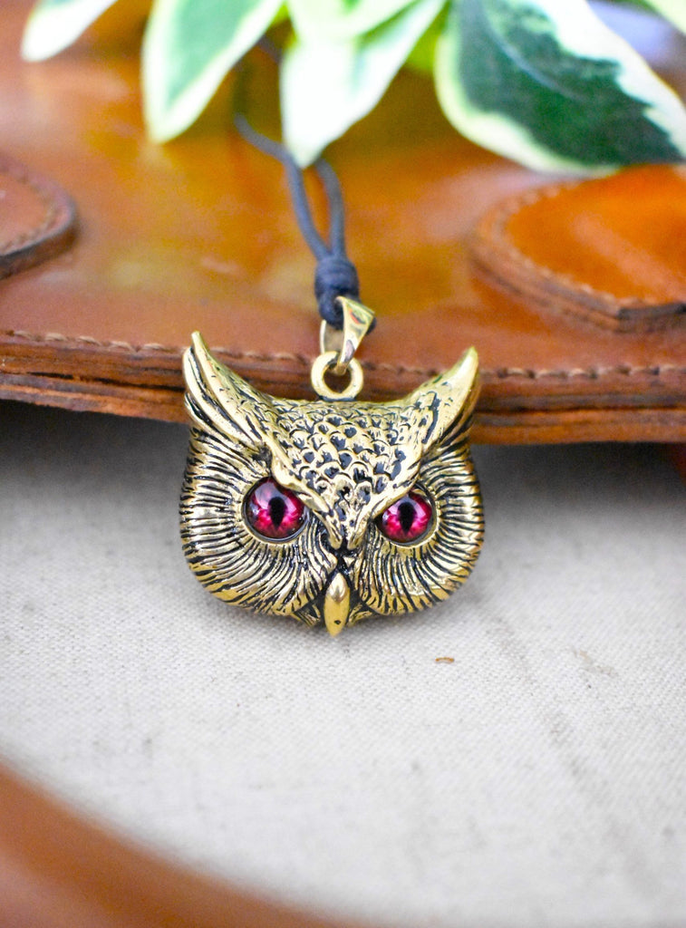 Vintage Gothic Owl Blue Eyes Large Size Sterling Silver Gold Brass Pendant Necklace