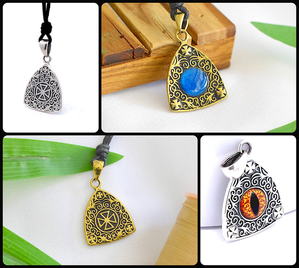 Stone Pattern Triangle Demon Eye Sterling Silver Gold Brass Pendant Necklace
