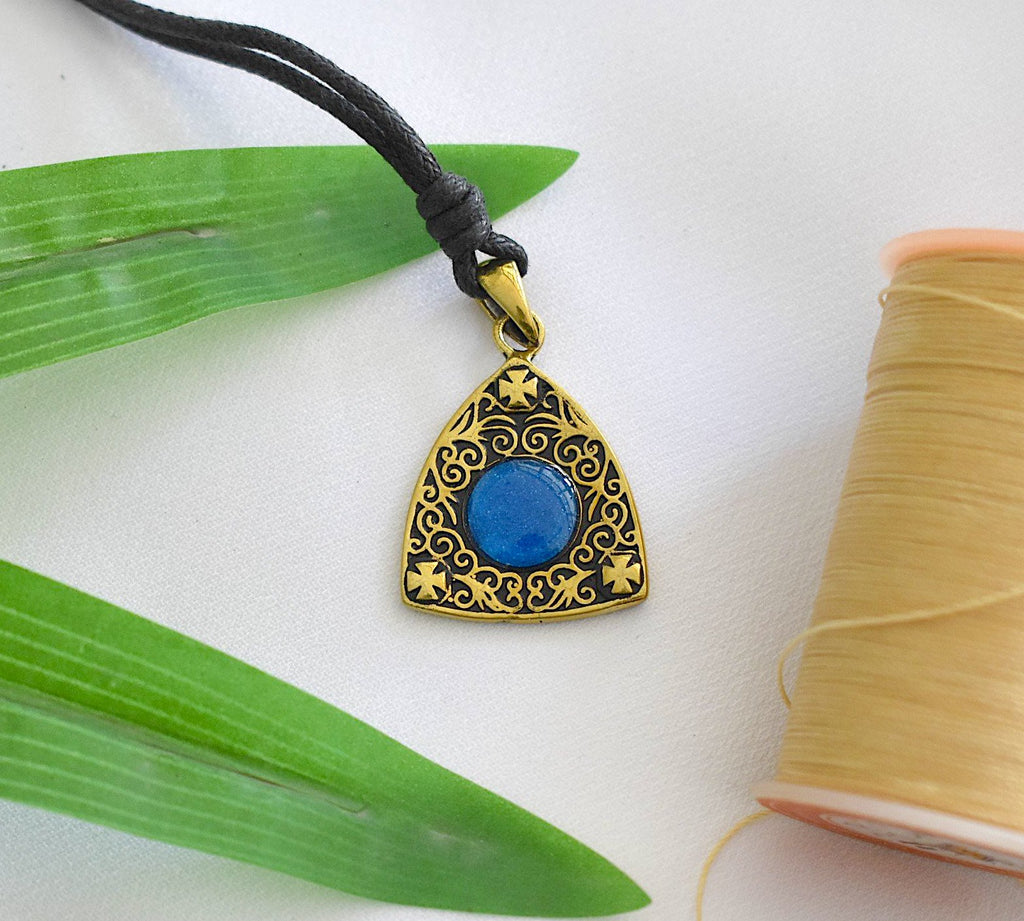 Stone Pattern Triangle Demon Eye Sterling Silver Gold Brass Pendant Necklace
