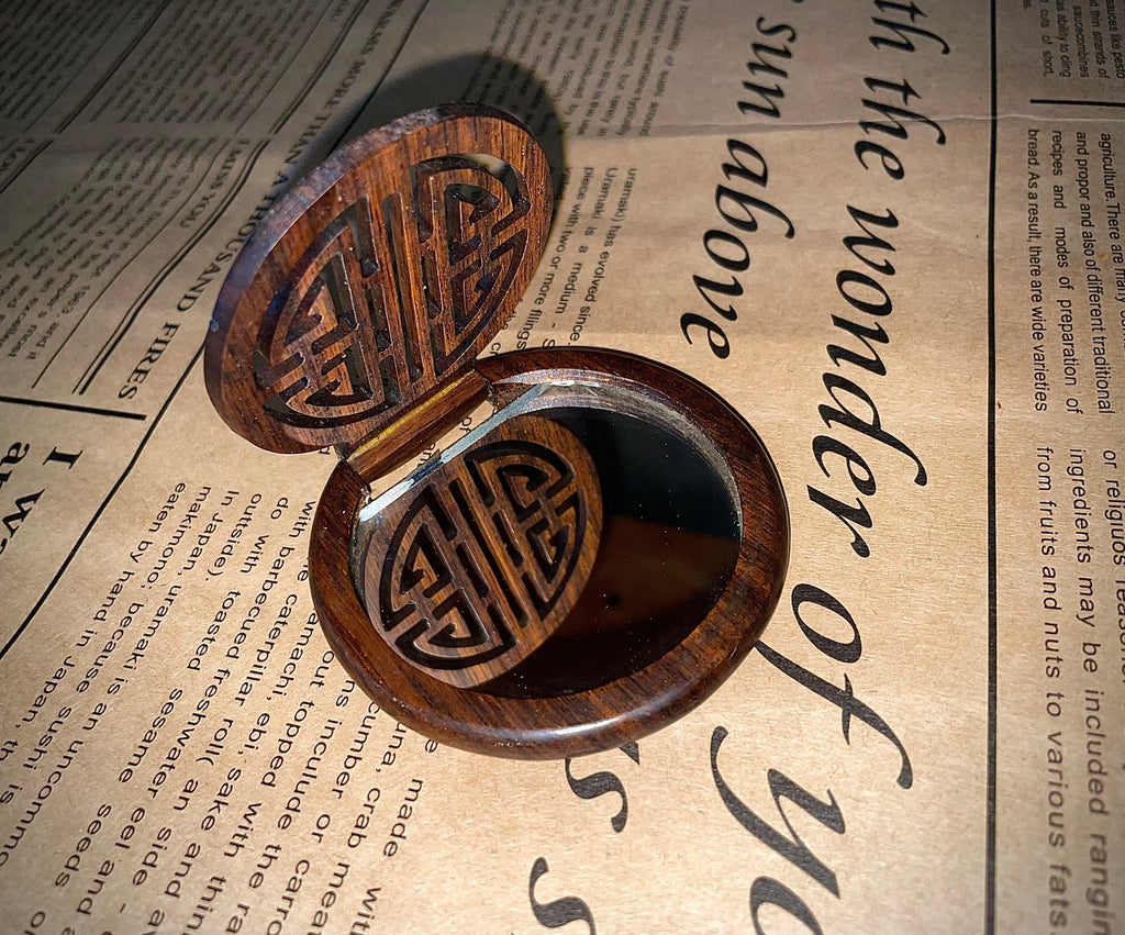 Mini Handcrafted Wooden Retro Round Mirror Makeup Mirror for Women Girls Travel Daily Use