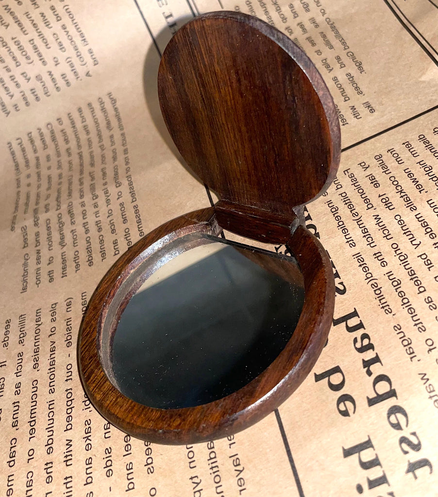 Mini Handcrafted Wooden Retro Round Mirror Makeup Mirror for Women Girls Travel Daily Use