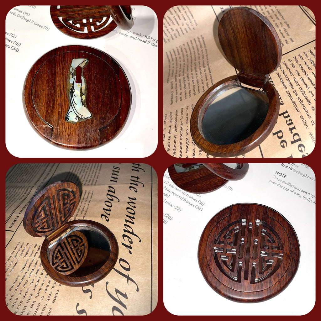 Mini Handcrafted Wooden Retro Round Mirror Makeup Mirror for Women Girls Travel Daily Use